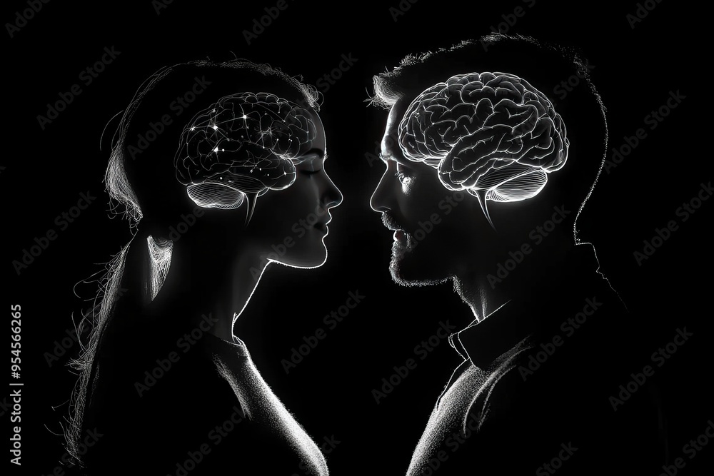 Poster brain research love affair couple with glowing brains in an abstract environment representing the al
