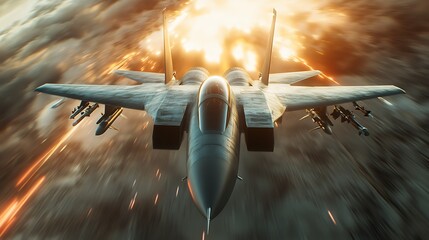 Fototapeta premium High-Speed Dogfight: Intense Fighter Jet Action in Telephoto Perspective