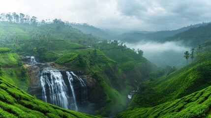 Panoramic shot of the cascading waterfalls and lush tea estates in Haputale, with mist rolling over the hills