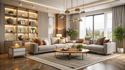 Fototapeta premium A serene living space defined by plush neutrals and understated chic, featuring sleek furniture and subtle accents,