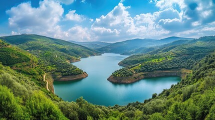 Obraz premium Panoramic shot of the lush greenery and winding waterways of the Alqueva Dam, Europeas largest artificial lake