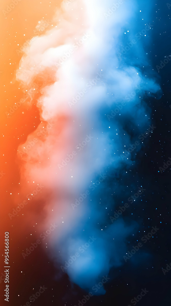 Poster Abstract blue and orange smoke with white stars in the background.