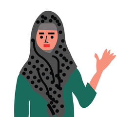 Vector design illustration of a woman dressed in Muslim dress with one hand waving