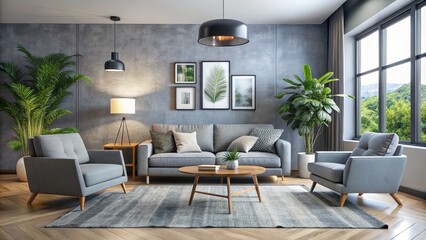 Fototapeta premium A serene modern space welcomes with a plush gray sofa, paired with an armchair and decorative accents, illuminated