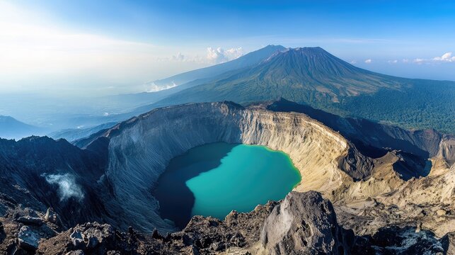 Panoramic shot of the volcanic crater and blue-green lake of Mount Papandayan in West Java