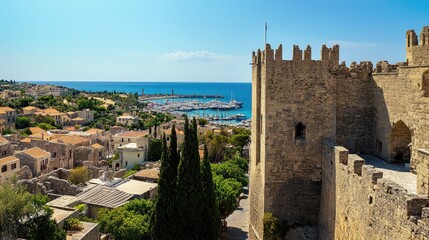 Obraz premium Panoramic view of Rhodes Old Town, with medieval architecture, ancient walls, and the harbor in the background