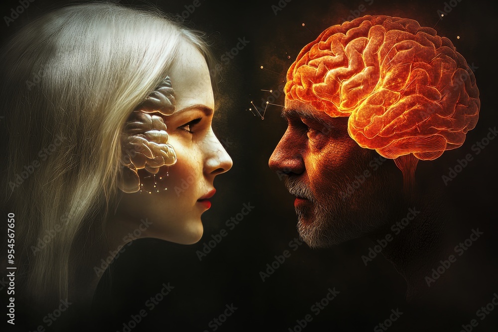 Poster cognitive load emotional bond a woman and man with glowing brains facing each other representing the