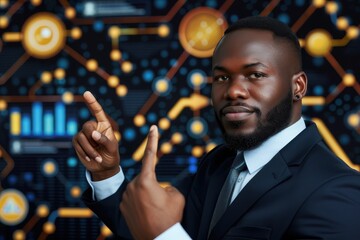 Confident African American Businessman Pointing at Interactive Data on Screen