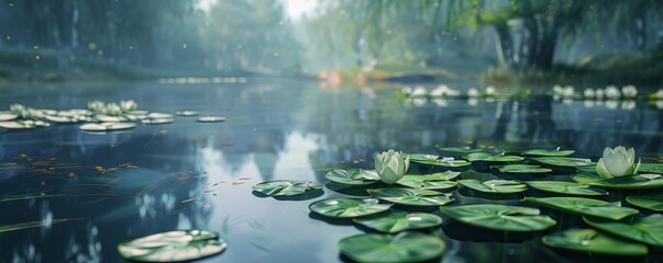 Tranquil lake with lily pads and reflections, 4K hyperrealistic photo,