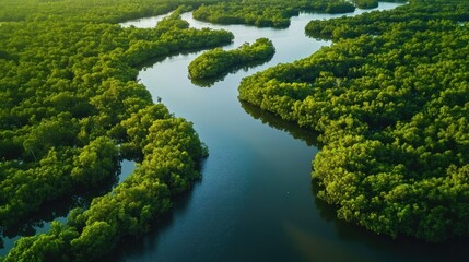 Top view of the calm waters and mangroves of the Madu River, with winding waterways through dense greenery