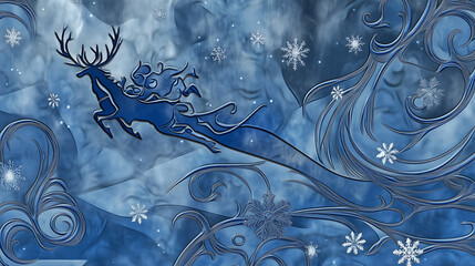 Blue reindeer leaping through abstract snowflakes and swirls on icy background