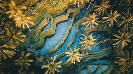 Top view of the cultural landscape of Balias Tegalalang Rice Terraces, with palm trees and layered fields