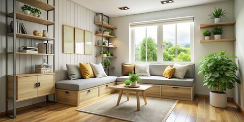 A small, modern room features a cozy seating area, clever storage, and abundant natural light, creating a peaceful