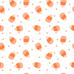 A seamless pattern of stylized orange candy corn with golden dots on a white background creates a playful and modern design perfect for seasonal decor or textiles