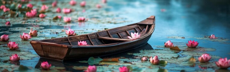 Obraz premium Serene boat drifting amidst vibrant lotus blossoms on a tranquil river, evoking a sense of peace and harmony with nature's beauty.
