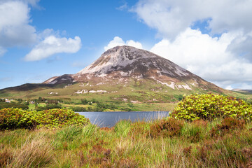 View to Errigal montain across lake Dunlewey Lough. The highest montain in county Donegal, Ireland