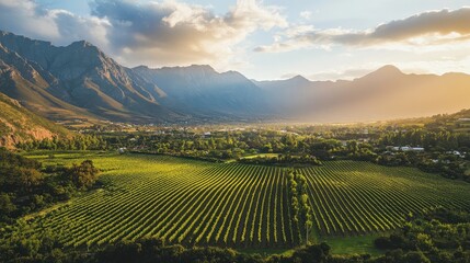 Top view of the lush vineyards and orchards in Franschhoek Valley, surrounded by towering mountain ranges