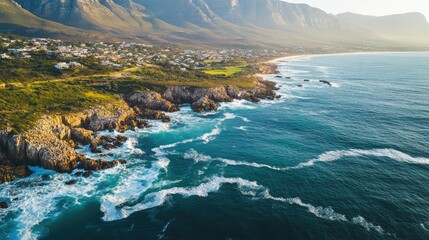 Top view of the picturesque Hermanus coastline, known for whale watching, with waves crashing against the cliffs