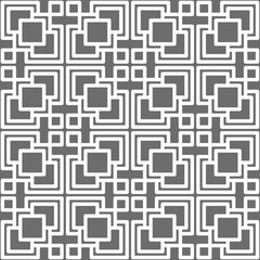 Seamless geometric pattern with overlapping checkered shapes consisting of thick white lines on a gray background. Suitable for various creative projects or decorative elements.