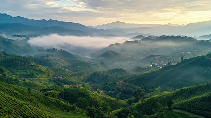 Obraz premium Top view of the rolling hills and misty valleys of the central highlands, with tea plantations and mountain peaks