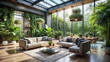 Fototapeta premium A stylish retreat featuring a lush, plant-filled interior garden bathed in natural light, paired with modern furniture