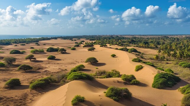 Top view of the undulating sand dunes and arid landscapes of Mannar Island, with scattered vegetation