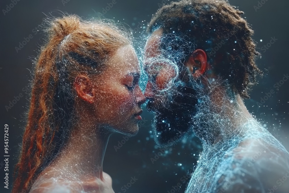 Poster brain research emotional bond couple illuminated brains facing each other surrounded by abstract ima
