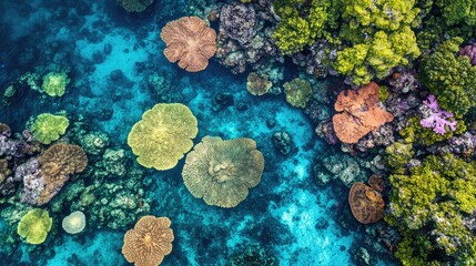 Top view of the vibrant coral reefs and clear waters around Wakatobi National Park in Sulawesi