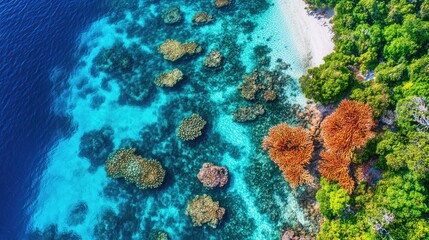 Fototapeta premium Top view of the vibrant coral reefs and clear waters around Wakatobi National Park in Sulawesi