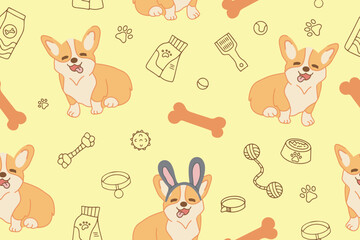 Seamless vector pattern with cute corgi dogs, food and dog accessories. Vector