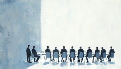 A minimalist illustration of a group of people seated in a meeting, highlighting themes of collaboration and decision-making.