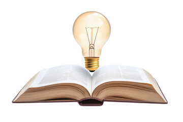 A light bulb on an open book, isolated on a transparent background.