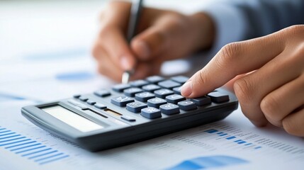 Close-up of hands using a calculator and financial reports --ar 16:9 --v 6.1 Job ID: 01eb7bdc-e012-4586-a564-92d19d3dc56c