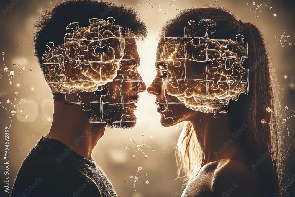 Poster cognitive therapy emotional bond two people facing each other with puzzle piece brains symbolizing c
