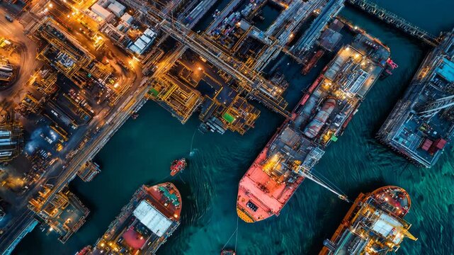 Aerial View of Busy Shipping Port at Dusk