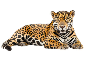 A jaguar animal lying down, isolated on a transparent background.