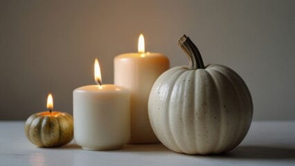 White pumpkin for Halloween with white candles on a white background