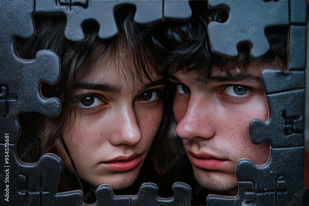 Aufkleber brain fitness couple goals two faces framed by interlocking puzzle pieces symbolizing the complexity