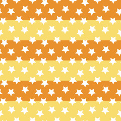 A vibrant and cheerful pattern featuring orange and yellow stripes adorned with white stars. This playful design is perfect for various creative projects, including backgrounds, textures