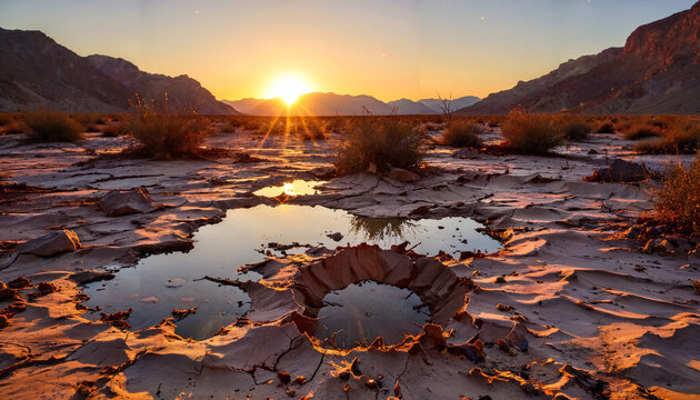 Lever de soleil sur un d&eacute;sert aride avec des flaques d'eau