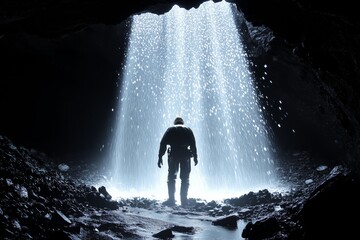 Obraz premium A solitary explorer stands beneath a waterfall inside a dark cave, illuminated by the cascading water.