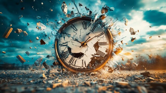 Please STOP TIME OF WAR :Abstract illustration of time being precious to each person with a vintage clock and clouds over water in a blue circle design.