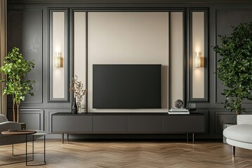 modern dark grey wood TV cabinet with ivory wall panels and elegant wooden floor 