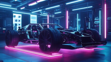 A sleek black car is on a platform in a garage with pink and blue neon lights.