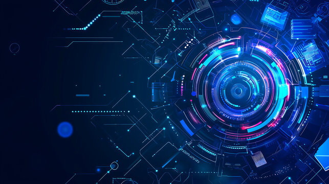 Abstract futuristic background with digital technology elements, blue color palette, circular shapes, vector illustration