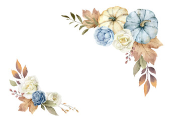 Watercolor vector floral pumpkins corner border. Beige and blue leaves and flowers for harvest, greeting cards, thanksgiving invitation. Hand painted .illustration.