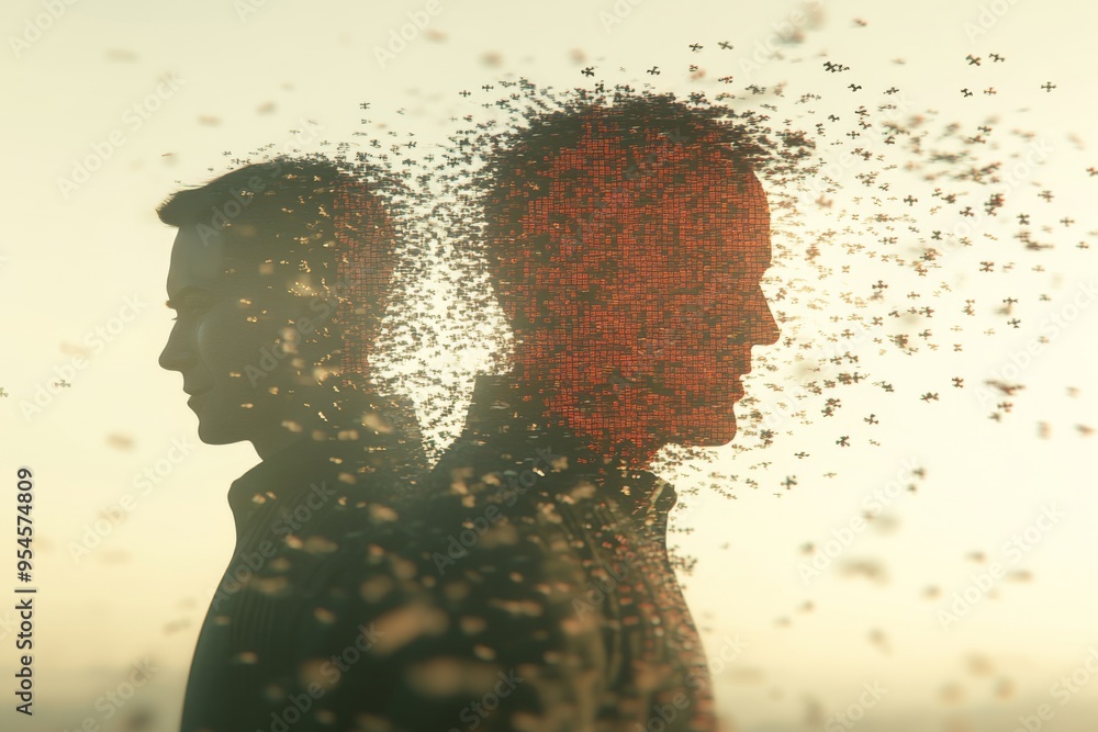 Poster mental processing speed couple goals a man and woman dissolving into particles with brain imagery sy