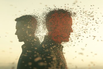 Mental processing speed Couple goals A man and woman dissolving into particles with brain imagery symbolizing the fading of memories the loss of connection and the passage of time in relationships