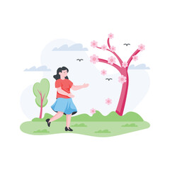 A woman walking in spring season flat illustration