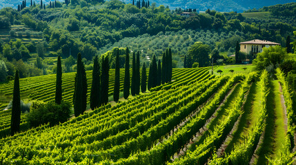 A picturesque vineyard in the Valpolicella region Italy with lush green rows.